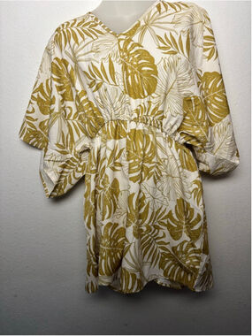White Gold Leaf Print Romper Medium